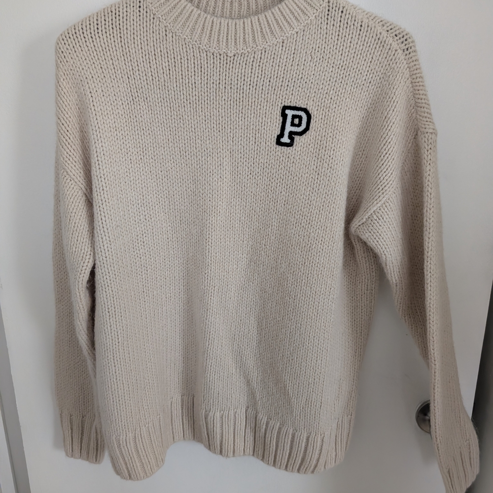 Victoria's Secret Men's Beige Crewneck Sweater with 'P' Logo